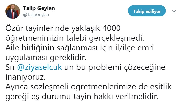 Öğretmenlerin Özür ve Eş Durumu Tayinleri Hakkında Talip Geylan&#039;dan Önemli Açıklama