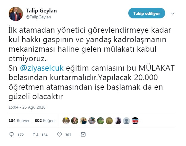 Talip Geylan&#039;dan Beklenen 20 Bin Öğretmen Atamasında Mülakat Kaldırılsın Talebi