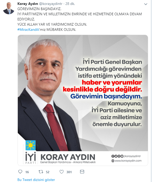 İYİ Parti Genel Başkan Yardımcısı Koray Aydın&#039;dan İstifa Ettiği Haberlerine Yalanlama