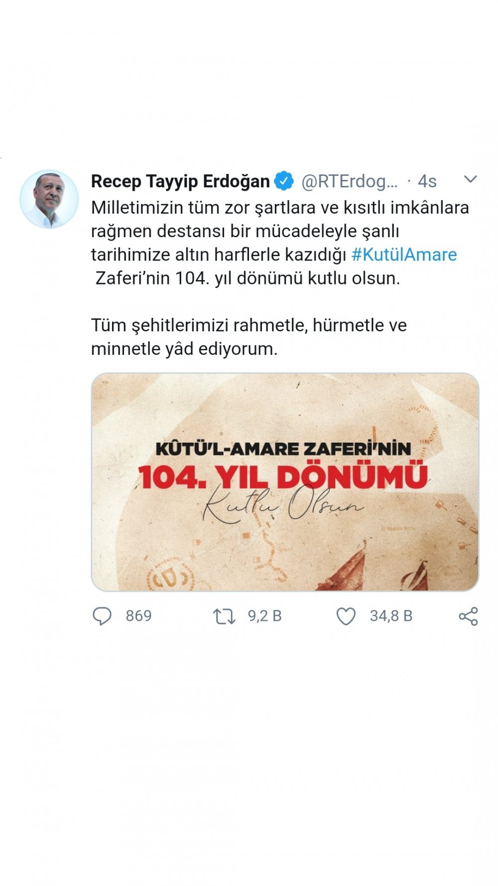 Cumhurbaşkanından Kut&#039;ül Amare Zaferi Mesajı