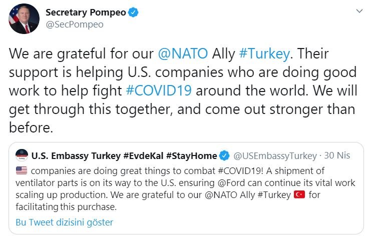 Mike Pompeo&#039;dan Türkiye&#039;ye Bir Teşekkür Daha