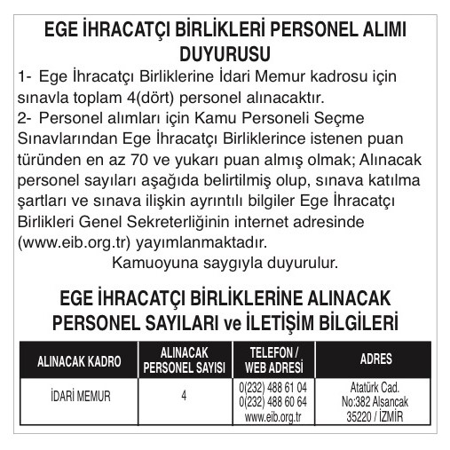 Ege İhracatçı Birlikleri KPSS şartı ile idari memur alacak!