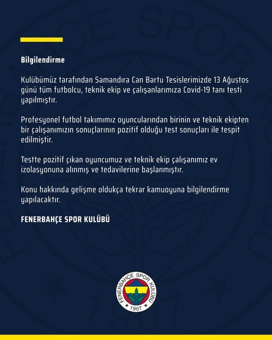 Fenerbahçe&#39;ye koronavirüs şoku! Bir futbolcu ve çalışanın testi pozitif çıktı!