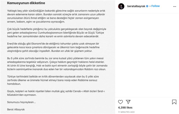 Berat Albayrak neden istifa etti?