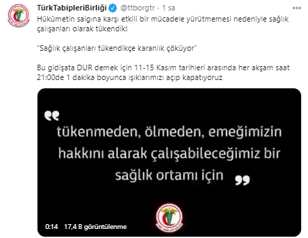 Sağlık çalışanları tükeniyor! Türk Tabipleri Birliği&#39;nden vatandaşlara çağrı! 11 - 15 Kasım&#39;da her gün ışıkları açıp kapatıyoruz!